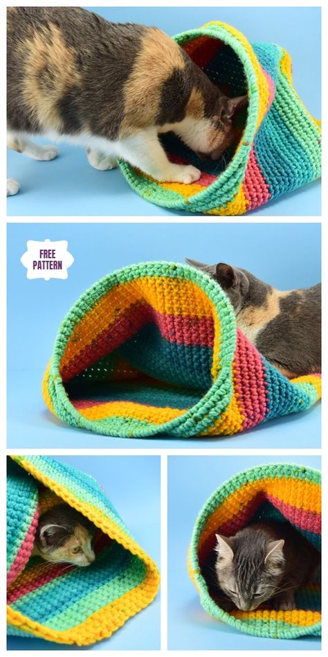 Crochet Cat Sack Hideaway Free Crochet Pattern Crochet Kitten Toys Free Pattern, Crochet Cat Tunnel, Cat Crochet Bed, Crochet For Kittens, Cat Crochet Toys, Crocheted Cat Toys, Crochet Cat Hammock Free Pattern, Crochet Kitten Pattern Free, Free Cat Crochet Patterns