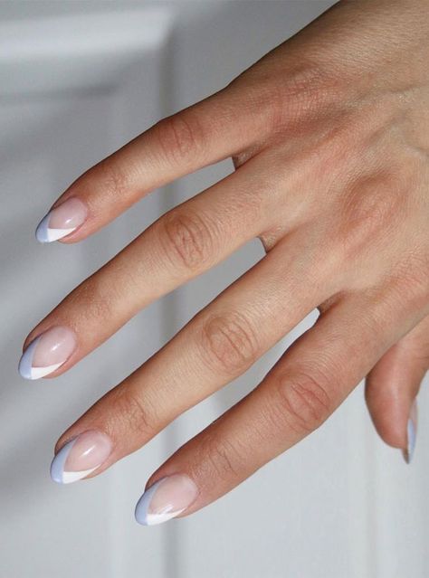 Two Color Tips Nails, Simple White Manicure, Asymmetric French Tip, Short Nails Fall 2022 Trends, Pale Blue Nails French Tip, Blue Tip Dip Nails, Light Blue Minimalist Nails, Ice Blue French Tip Nails, White And Light Blue Prom Nails