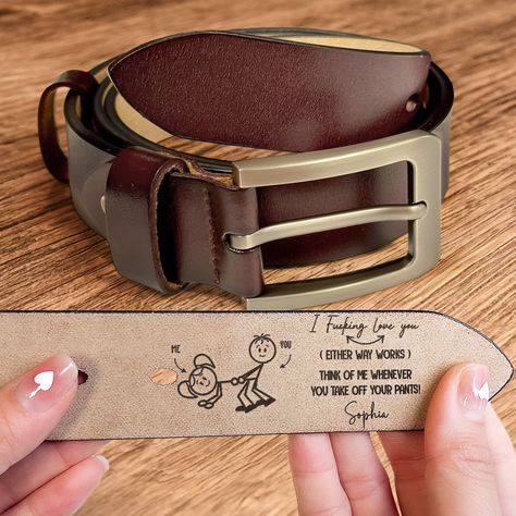 Celebrate the special men in your life with our I F-king Love You - Personalized Engraved Leather Belt. This custom belt is more than just an anniversary gift for your 5th anniversary, 10th anniversary, 25th anniversary, 50th anniversary, or a funny groom gift; it's a heartfelt gesture that adds a personal touch to every outfit. This sexy belt will also be a lovely engagement gift for your loved husband-to-be. Crafted from genuine leather, this engraved belt makes for a timeless and durable piece. The custom engraving allows you to add a personal message or a special date, making it an ideal anniversary gift for him or Valentine's Day gift for couples, Wedding gift for future husband. Whether it's for your loved men, husband, boyfriend, groom, or father, this personalized leather belt is a Expensive Boyfriend Gifts, Engraved Gifts For Him, Boyfriend Day Gift Ideas, Anniversary Presents For Him, Husband Wedding Day Gift, Husband Birthday Gift Ideas, Husband Gifts Diy, Gifts For Husband Birthday, Boyfriend Presents