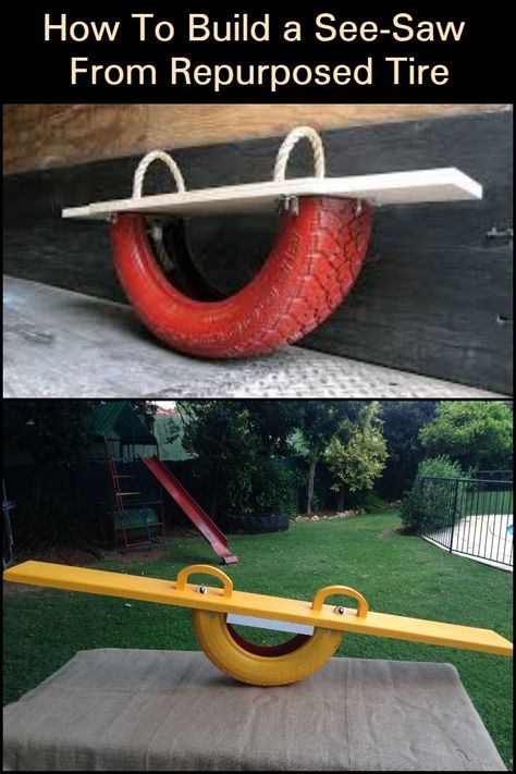 Keep The Kids Entertained  With This DIY Tire Seesaw! Tire Seesaw, Sketchup Woodworking Plans, Repurposed Tire, Diy Tire, Easy Woodworking Ideas, Wood Projects For Kids, Diy Playground, Tire Swing, Kids Outdoor Play