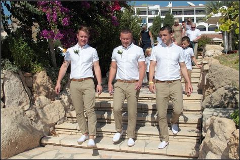 groomsmen in beige | Groom and groomsmen in beige trouser and white shirts, Lawyer Uniform, Men Boat Shoes, Grooms Outfits, Casual Groom, Beige Trouser, Grooms Outfit, Wedding Coral, Casual Grooms, Wedding Mexico