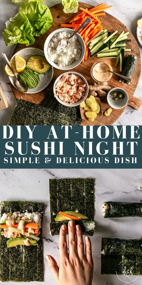 YOU DON’T HAVE TO BE A TRAINED CHEF TO HAVE A DELICIOUS DIY AT-HOME SUSHI NIGHT! HERE’S HOW MY FAMILY MAKES SUSHI HAND ROLLS RIGHT AT THE KITCHEN TABLE…NO RAW FISH NECESSARY! LEARN JUST HOW EASY IT IS TO MAKE YOUR OWN SUSHI. At Home Sushi Date Night, At Home Sushi Night, Homemade Sushi Night, Sushi Night Ideas, Diy Sushi Night, Sushi No Fish, Sushi Date Night At Home, Easy Sushi Rolls At Home, Sushi Night At Home