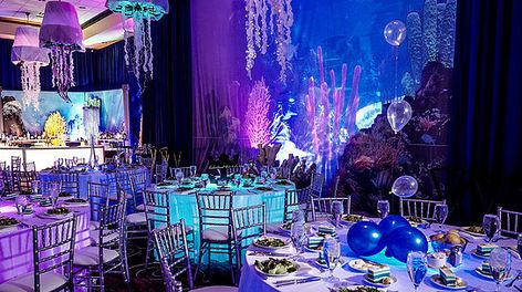 Under The Sea Quinceanera Theme, Underwater Party Decorations, Sea Wedding Theme, Underwater Theme Party, Water Birthday Parties, Underwater Birthday, Ocean Wedding Theme, Water Birthday, Underwater Party