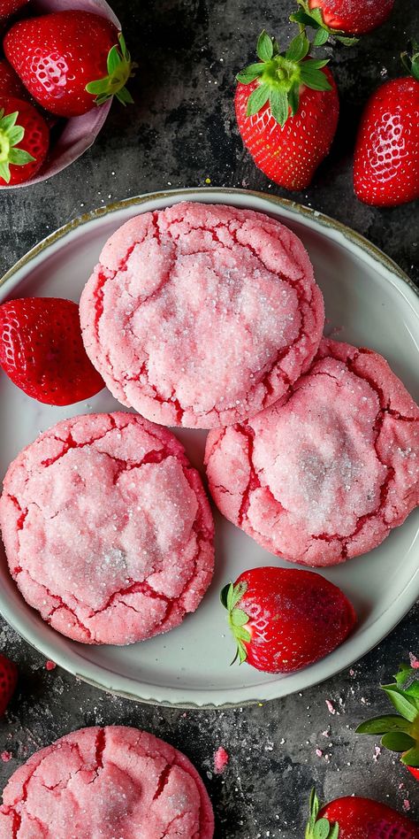 Strawberry Flavored Cookies, Pink Strawberry Cookies, Strawberry Blossom Cookies, Double Strawberry Cookies, Dessert To Bake, Pink And Red Desserts, Recipes With Strawberries Healthy, Cookie Recipes Spring, Spring Baked Goods Desserts