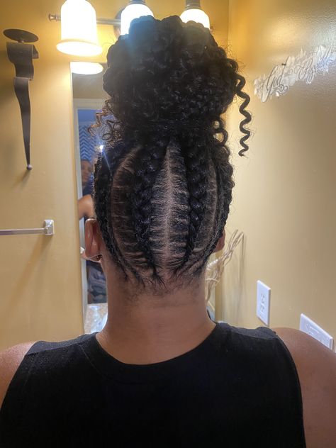 Stitch braided bun  Follow me @braidssbyvon Braids To A Bun Black Hair, Braids With Bun Black Women, Feed Ins Ponytail, Feeder Braids With Curly Hair, Braided Bun Updo For Black Women, Braids And Buns Hairstyles Black, Feed In Curly Bun, Feed Ins With Bun, Braided Bun With Curly Pieces