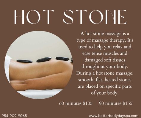 Hot stone massage benefits include stress relief, promoting good sleep, and alleviating muscle tension and pain. Book today by giving us a call at 954-909-9065! #hotstone #spa #fortlauderdale Massage Prices, Spa Quotes, Massage Quotes, Body Massage Techniques, Spa Marketing, Spa Interior Design, Release Tension, Spa Interior, Better Body