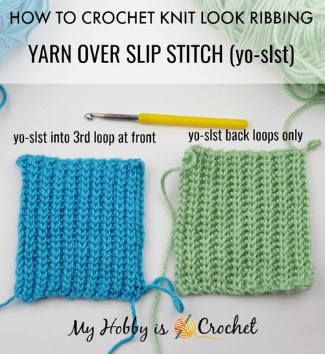 How to crochet Knit Look Ribbing - Yarn Over Slip Stitch into 3rd. Loop at the Front Crochet Knit Like Stitch, Crochet 3rd Loop, Knit Looking Crochet Stitch, Slip Stitch Back Loop Crochet, Yarn Over Slip Stitch Crochet, Crochet Slip Stitch Ribbing, Knit Like Crochet Stitch, Knit Look Crochet Stitch, Slip Stitch Back Loop