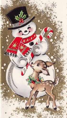 Images Noêl Vintages, Vintage Holiday Cards, Vintage Snowman, 1950s Christmas, Vintage Christmas Images, Old Christmas, Old Fashioned Christmas, Christmas Scenes, Baby Deer