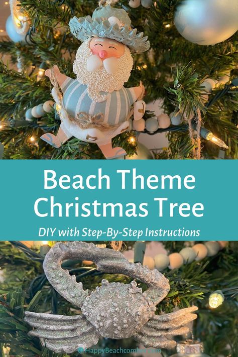 Seashore Christmas Decorations, Beachy Christmas Trees, Beach Theme Christmas Wreath, Beach Themed Christmas Trees, Nautical Christmas Tree Ideas, Beach Christmas Tree Ideas, Beach Christmas Ideas, Beach Themed Christmas Tree, Lake House Christmas Tree