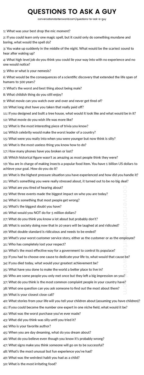 List of questions to ask a guy Loaded Questions List, 50 Facts About Me Questions, Questions To Ask Your Guy Best Friend, Convo Starters, List Of Questions To Ask, Conversation Starter Questions, Questions To Ask A Guy, Conversation Questions, Random Questions