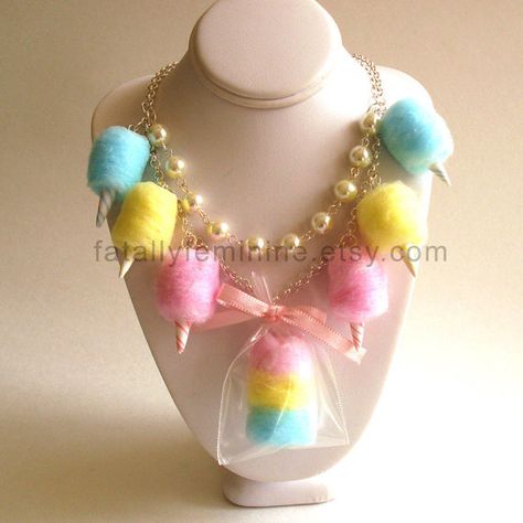 Cotton Candy Necklace Carnival Cotton Candy Statement Necklace Pastel Rainbow Jewelry Fairy Kei Kawaii Necklace Cotton Candy Carnival, Carnival Cotton Candy, Kawaii Charms, Kawaii Necklace, Blue Cotton Candy, Candy Necklace, Puffy Heart Charms, Candy Necklaces, Candy Jewelry