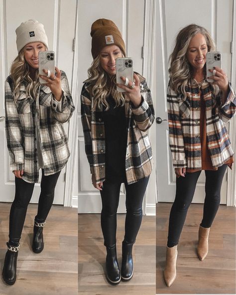 Woman’s Flannel Outfit, Layered Plaid Outfits, Hooded Plaid Shirt Outfit, Beige Shacket Outfit Women Winter, Flannel Jackets For Women, Layer Flannel Outfit, Plaid Jacket Womens Outfit, Plaid Women Outfit, Oversized Flannel Outfits Work