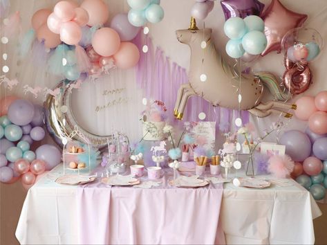 Unicorn birthday party Forever Magical Birthday, Unicorn Birthday Party Ideas Decoration Diy, Fourever Magical Birthday Party, Enchanted Unicorn Birthday Party, Boy Unicorn Party, Winter Unicorn Birthday Party, Pastel Unicorn Party, Simple Unicorn Birthday Decorations, Unicorn Academy Birthday Party