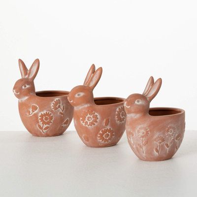 These whitewashed terracotta bunny planters are the perfect way to add sweetness to any spring or Easter decor, but are cute enough to leave on display year-round. Textured, and equal in size, you'll find yourself reaching for these pots to complement a living room, bedroom, or kitchen. | Ebern Designs Roever Planter Clay & Terracotta in Brown | 5.75 H x 4.5 W x 3 D in | Wayfair Bunny Planter, Bunny Design, Nature Inspired Decor, Floating Flowers, Adorable Bunny, Pot Set, Bunny Designs, Antique Farmhouse, Easter Decor