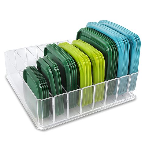 PRICES MAY VARY. Large Capacity - Measures 9.5"L x 9"W x 2.8"H, the lid organizer can store more than 30 lids. The Bawuie Lid Organizer will help keep your pantry clutter to a minimum by corralling all your container lids and storing them all upright in one place, so you’ll always know where to find your plastic lids. For Different Sizes/Shapes of Lid - The lid organizer comes with 7 adjustable and removable dividers help you customize different spaces to keep lids upright and ready (to be found Lid Organization, Countertop Cupboard, Kitchen Cabinets Storage Organizers, Tupperware Organizing, Kitchen Pantry Cabinet, Countertop Organization, Lid Organizer, Spice Bottles, Kitchen Pantry Cabinets