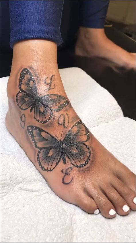 Butterfly Tattoo On Feet For Women, Ankle To Foot Tattoos For Women, Foot Tattoos For Women Butterfly, Foot Tattoos For Black Women, Cute Foot Tattoos For Women, Cute Feet Tattoos, Butterfly Tattoo Foot, Foot Tattoo Ideas Female, Top Of Foot Tattoos For Women