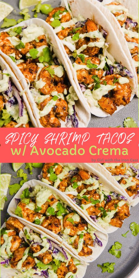 Macro Friendly Shrimp Tacos, Coleslaw Shrimp Tacos, Avocado Crema Tacos, Low Carb Spicy Shrimp Tacos, Grilled Shrimp Tacos Marinade, Shrimp Taco Crema, Healthy Dinner Shrimp Recipes, Shrimp Tacos Spicy, Shrimp Coleslaw Tacos