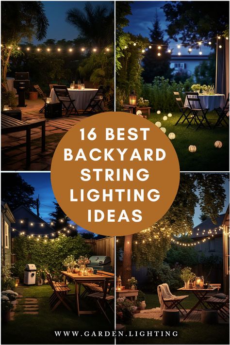 a collage of photos of backyard lighting ideas Bistro Lights Backyard Patio, Twinkle Lights On Fence, Backyard String Lights Pool, Patio Lights Ideas Outdoor, Stringing Outdoor Patio Lights, Edison Lighting Outdoor Patio Ideas, Back Yard Lights Outdoor, Back Yard String Lights Outdoor, Outdoor Edison Lighting Ideas