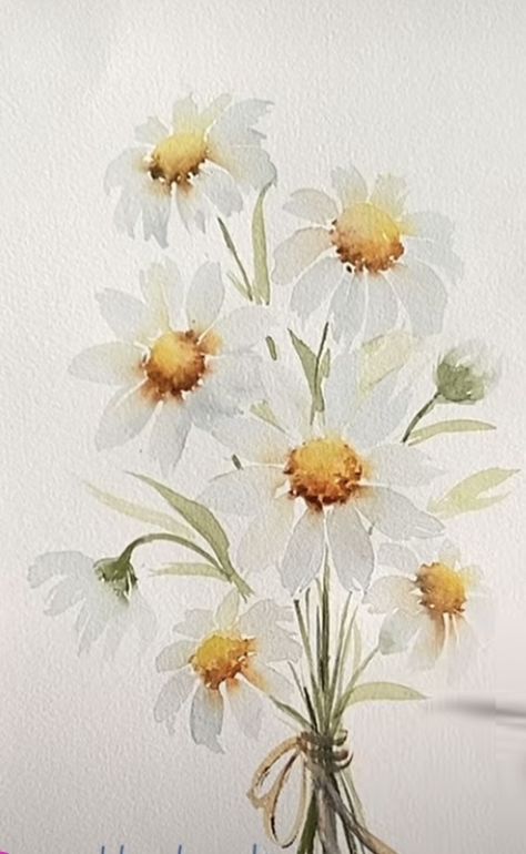 Watercolor Daisies Simple, Daisy Watercolor Painting, Watercolour Daisy, Daisies Watercolor, Daisy Watercolor, Painting Basics, Bouquet Of Daisies, Class Painting, Watercolor Daisy