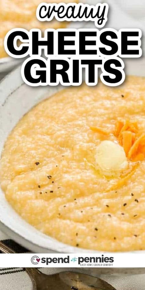 For the perfect side dish try this cheese grits recipe.  Creamy and comforting this classic Southern style dish is so flavorful and delicious. Made with a few simple ingredients like broth, grits, cheese, and butter it is so easy to make. #cheesegrits #cheesegritsrecipe #cheesygrits #spendwithpennies How To Make Cheese Grits, Cheddar Cheese Grits, Creamy Cheesy Grits Recipe, Best Cheese Grits Recipe, Cheese Grits Recipe Southern Style, Creamy Grits Southern, Easy Cheese Grits Recipe, Best Cheese Grits, Southern Grits Recipe