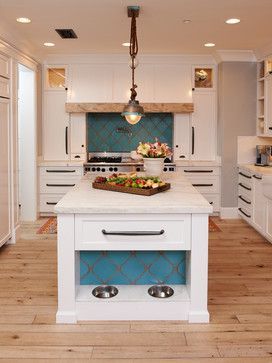 Dog/Cat feeding station built into kitchen island. Kitchen design. Interior decorating. Blue tile. White kitchen. Built In Dog Bed, Mediterranean Kitchen Design, Mediterranean Kitchen, Herringbone Backsplash, Eclectic Kitchen, Mediterranean Design, Popular Kitchens, Mediterranean Decor, Smart Kitchen