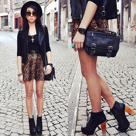 Leopard skirt Leopard Print Mini Skirt For Summer, Litas Outfit, Leopard Print Skirt Street Style, Band Tshirt Leopard Skirt, Fall Leopard Print Fitted Mini Skirt, Chic Leopard Print Mini Skirt, Jeffrey Campbell Lita, H&m Blouse, Leopard Skirt