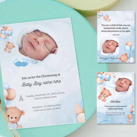 Blue Bear Balloon Theme Christening Baptism Invitation Editable Invitation Canva Editable Template Baptismal Invitation Layout, Baptism Invitations For Boys, Invitation Layout Design, Baptism Invitation For Boys, Baptism Themes, Christening Invitations Boy, Baby Boy Invitations, Baby Boy Bear, Balloon Theme