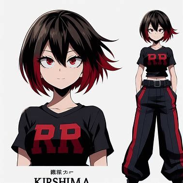 estilo anime boku no hero academia, chica de 16 años, blanca, delgada, con ojos cafés rojizos, cabello demasiado corto de color negro con las puntas teñidas de rojo y puntiagudo se parece a Kirishima, viste con una camiseta negra con las iniciales "RR" color rojas en el centro, unos pantalones negros anchos con líneas rojas a los costados, unos botines negros con azules - Generador de imágenes de Microsoft Designer Pelo Anime, Low Poly Games, Sailor Mercury, Shadow The Hedgehog, Anime Oc, Man United, Boku No Hero, Create Image, My Hero