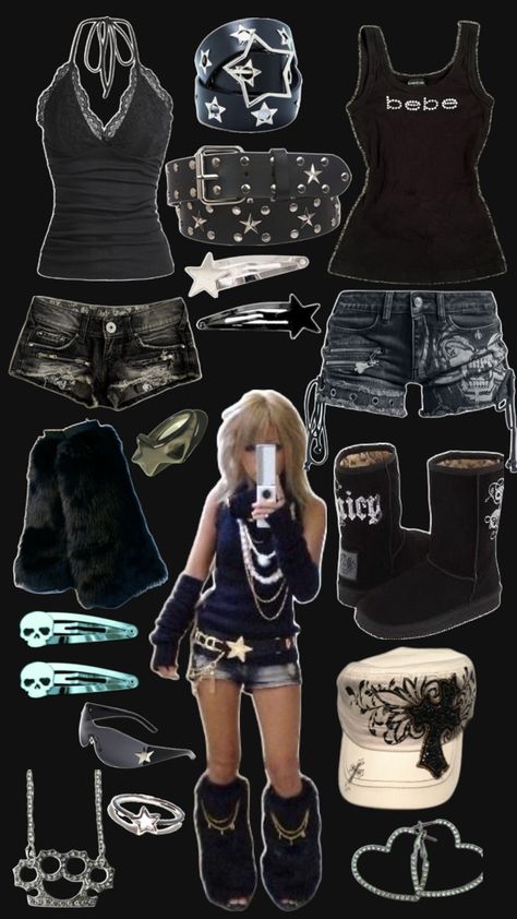 y2k gyaru outfit black/dark colors #altfashion Gyaru Outfits Aesthetic, Dark Gyaru Fashion, Gothic Y2k Outfits, Y2k Alt Outfits, Dark Mcbling, Black Punk Outfits, Y2k Black Outfit, Dark Gyaru, Goth Mcbling