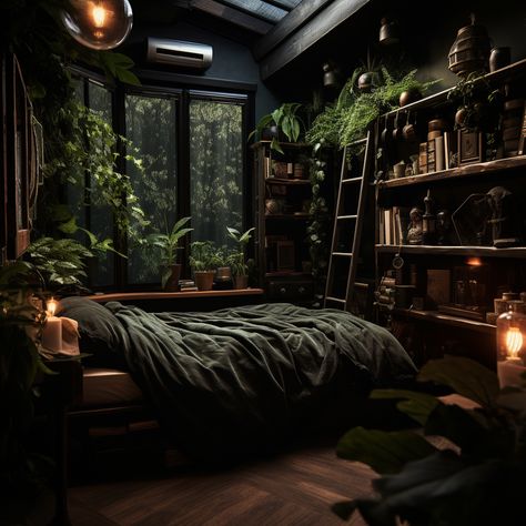 Dark Room Aesthetics, Dark Decoration Home Decor, Dark Room Bedroom, Dark Fantasy Room Decor, Dark Fantasy Bedroom Aesthetic, Dark Cozy Apartment Aesthetic, Dark Moody Bedroom Decor, Dark Gothic Interior Design, Bedroom Inspirations Dark Academia