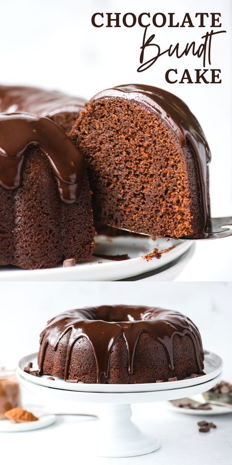 Prep this 10 ingredient chocolate bundt cake in 15 minutes! Chocolate bundt cake is fudgy, moist, and drizzled with a shiny 3 ingredient chocolate glaze that doesn’t crack! #chocolatebundtcake #bundtcake #chocolatecake Chocolate Bundt Cake Frosting, Chocolate Drizzle For Cake, Chocolate Bundt Cake Recipes, Chocolate Bundt Cake Recipe, Chocolate Ganache Glaze, Easy Bundt Cake, Chocolate Bundt, Bundt Cake Recipe, Chocolate Bundt Cake