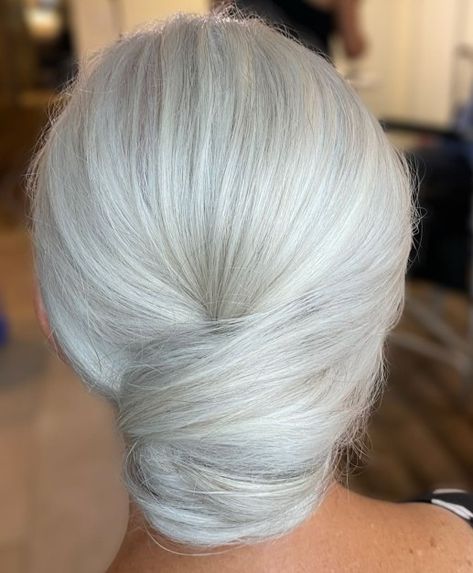 White Silver Chignon for Mother of the Bride Grey Hair Updo Wedding, Updos For Grey Hair Over 50, Silver Hair Updo Wedding, Gray Hair Updo Simple, Gray Hair Updos Over 50, Silver Hair Updo, Grey Hair Updos, Middle Bun, Loose Twists