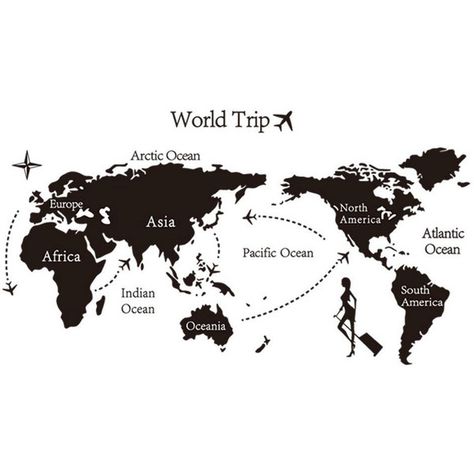 World Trip World Trip Map Black PVC Plane Wall Stickers (16 BAM) ❤ liked on Polyvore featuring home, home decor, wall art, wall stickers, map home decor, black home decor and black home accessories Travel Agency Decoration, World Map Wall Decal, World Map Mural, Map Wall Decal, Black Home Decor, Map Murals, World Trip, Kids Room Decals, Atlantic Pacific