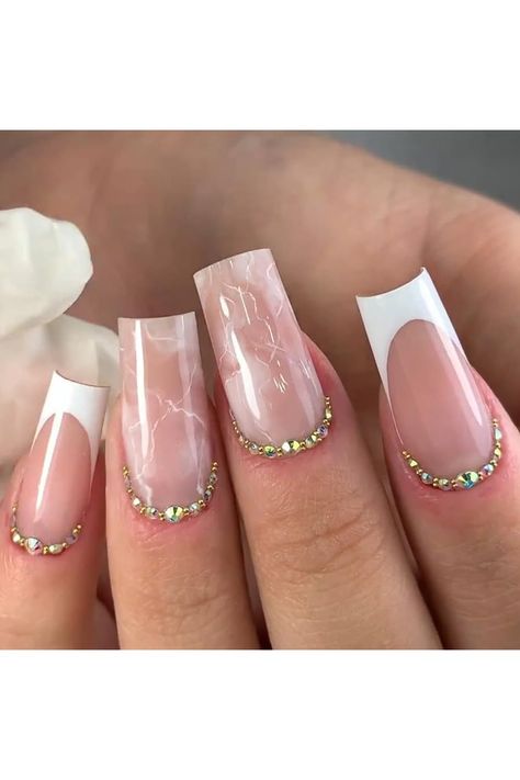 French Tip Press on Nails White Medium Square Fake Nails with Pink Marble Design Acrylic Gel Glue on Nails for Wedding Birthday Stick on Nails with Glue Manicure False Nails for Women 24Pcs Pink Coffin, Red And White Roses, Manicure Tips, Coffin Press On Nails, Nails Set, Ballerina Nails, Nail Supplies, Fake Nail, Lace Up Wedges