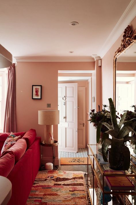 A Pink Living Room in a London Maisonette 2 Bespoke Kitchen Cabinets, Palette Cleanser, Mad About The House, Pink Couch, Victorian Townhouse, Built In Cupboards, Pink Living Room, Victorian Home, Wall Bookshelves