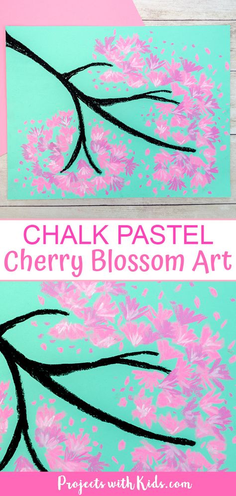 Kids will love making this gorgeous chalk pastel cherry blossom art with only a few simple supplies. A fun art project to welcome spring! #projectswithkids #cherryblossomart #kidsart #chalkpastelart Spring Art Class Ideas, Chalk Pastels Art Ideas, Cherry Blossom Art Project, Cherry Blossom Crafts, Spring Art Ideas, March Art, Drawing Trees, Spring Arts And Crafts, Chalk Pastel Art