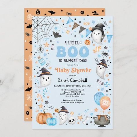 $2.09 | Blue Little Boo Halloween Ghost Boy Baby Shower - fall pumpkin, little boo is almost due, baby is brewing, spooktacular, spooky spiders bats skulls, sweet magician witch wizard, boy baby shower, pastel blue orange black, cute ghost, halloween Halloween Baby Shower Boy, Little Boo Is Almost Due, Ghost Theme, October Baby Showers, Baby Shower Invites Neutral, Halloween Baby Shower Theme, Spooky Spiders, Modern Halloween, Ghost Boy