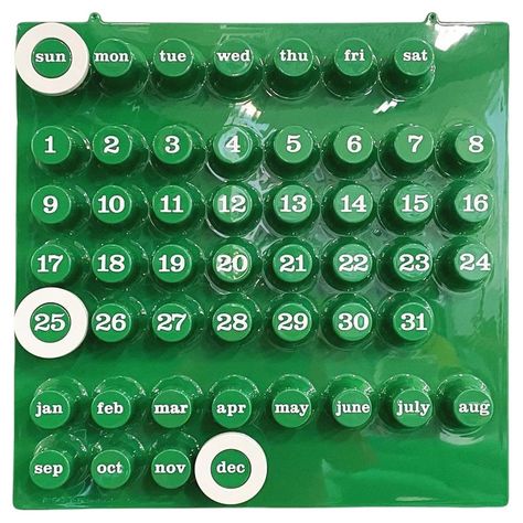 Italian postmodern Wall perpetual calendar by Giorgio Della Beffa for Ring A Date, 2000-2010s. Iconic and elegant wall perpetual calendar in green plastic. The calendar has several protruding cylinders: these correspond to the days of the week in the upper part, to the numbers in the central part and to the months in the lower part. It is possible to mark the days and months thanks to a gray plastic ring. The ring can be requested in other colors. Produced by Ring A Date in 2000-2010s and design Ring A Date Calendar, First House Essentials, School Apartment, Green Calendar, House Essentials, Days And Months, Plastic Ring, Perpetual Calendar, Days Of The Week