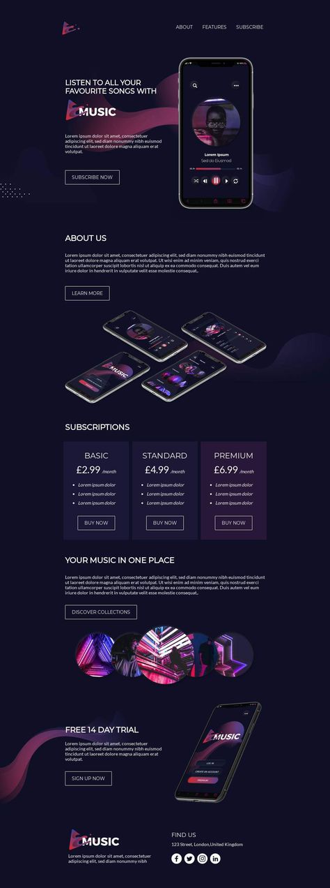This music app promotion email is a sleek, modern email template ideal for subscription services. Companies in the computer and internet industry or who provide media and entertainment services will jump at this All Your Music in One Place email template — send it out to your subscribers so they can listen to their favorite songs! This email is great for an app launch or any kind of product launch; the dark mode neon interface will attract your customers.  #email   Designed by Yuliana Pandelieva Tech Email Newsletter Design, Tech Email Design, App Promotion Design, App Launch Campaign, Shopify Inspiration, Professional Email Templates, Mailing Design, Tech Newsletter, App Launch