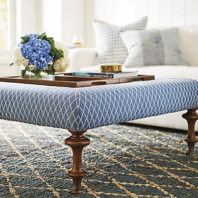 Coastal Ottoman Coffee Table, Diy Upholstered Coffee Table, Diy Coffee Table Ottoman, Ballard Designs Living Room Inspiration, Blue Ottoman Living Room, Footstools Ideas Living Room, Cocktail Ottoman Living Room, Upholstered Coffee Table Ottoman, Ballard Designs Living Room