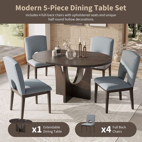 Farmhouse 40.9undefined-57.1undefined Round Extendable Dining Table with 4 Upholstered Dining Chairs - Bed Bath & Beyond - 41465729 Extendable Round Dining Table, Round Extendable Table, Black Round Dining Table, Round Dining Table Set, Round Extendable Dining Table, Round Dining Table Sets, Kitchen Table Wood, Extendable Table, Wood Dining Room