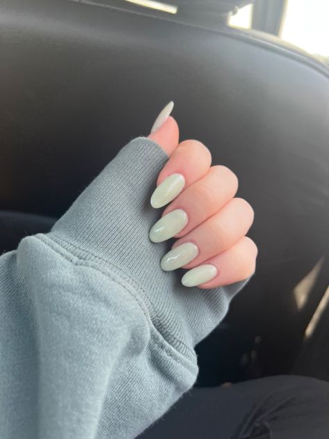 March Nails Solid Color, Sage Green Crome Nails, Pastel Sage Green Nails, Celadon Green Nails, March Nail Inspo Aesthetic, Sage Green Acrilyc Nails, Green Milky Nails, Green Nails Sage, Pista Green Nails