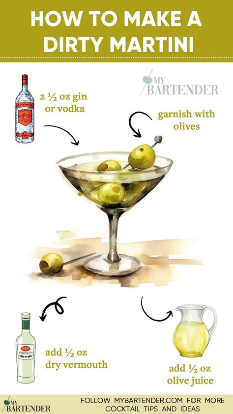 Embrace the bold sophistication of a Dirty Martini! 🌿✨ Blend premium gin or vodka with a splash of briny olive juice for a perfectly balanced sip. Garnish with plump olives for the ultimate savory touch. Elevate your at-home mixology experience and enjoy the allure of a perfectly crafted Dirty Martini. Cheers to bold flavors and timeless elegance! 🌟🍹 #DirtyMartini Olive Martini Recipe, Dirty Martini Recipe With Gin, Gin Martini Recipes Dirty, Gin Martini With A Twist, Different Types Of Martinis, Martini Party Appetizers, Martini Food Pairing, How To Make A Martini, Gin Martini Recipes