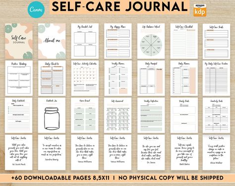 "63 Editable Canva self-care Journal Templates : Contains : Self Love My happy place Life balance wheel My ideal life Mood tracker Selfcare checklist Self care goal Daily manifest Daily self-care routine Gratitude exercice Self care exercice Self assessment Self-care goal Mindset exercise Limiting belief ... And much more .. Ready-to-edit and customize for Amazon KDP. It Can be resized in Canva for different sizes and page lengths. Used as KDP self-care wellness Journal/notebook interior ... Use Journal Moodboard, My Ideal Life, Selfcare Checklist, Life Balance Wheel, Counseling Posters, Decor School, Wellness Journal, Love Wellness, Self Care Bullet Journal