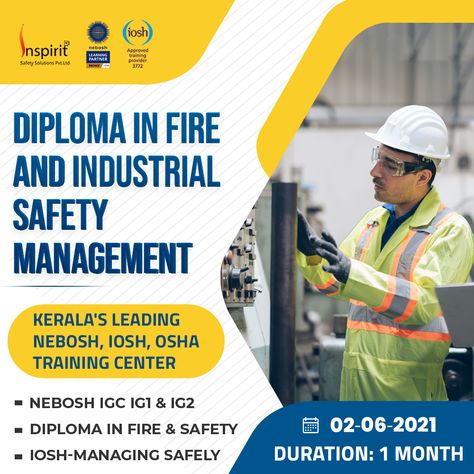 Get training under Diploma in Fire and Industrial Safety Management and become a skilled Fire & Safety expert enabling you better prospects for a career in the private as well as government sectors. ❇️ Date: 02‐06‐2021 Duration: 1 Month Kerala's leading NEBOSH, IOSH, OSHA training center Inspirit Safety Solutions Pvt Ltd For Enquiries : 🌐 www.inspiritsafetysolutions.com ☎️ +91 8943252627 #NEBOSHtraining #IOSH #SafetyTrainingInstituteInKerala #neboshonlineclass Industrial Safety, Fire Safety, Training Center, 1 Month, Kerala, Vision Board, Government, Career, How To Become