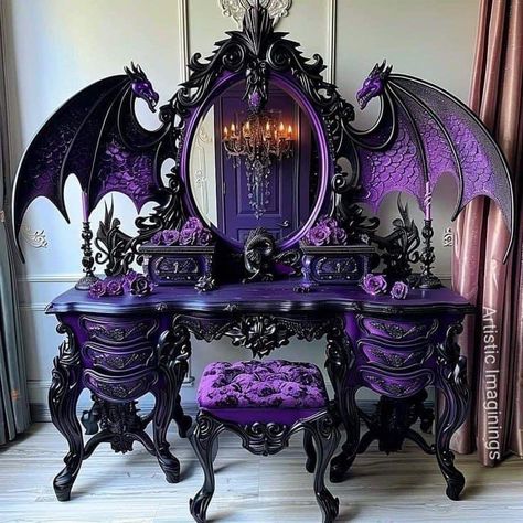 Disney Airbnb, Gothic Vanity, Gothic Decor Bedroom, Goth Bedroom, Dream Bedroom Inspiration, Gothic Bedroom, Purple Gothic, Fantasy Furniture, Gothic Furniture