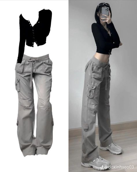 Cargo Pants Outfit Gray, Grey Baggy Pants Outfit, Grey Pants Aesthetic, Gray Cargo Outfit, Grey Cargo Pants Outfit Women, How To Style Grey Cargo Pants, Outfits With Grey Pants, Grey Cargos Outfit, Grey Cargo Outfit