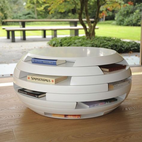 Disc  I would spend hours reconfiguring this and switching books. lol Contemporary Coffee Table Design, Aquarium Coffee Table, Interaktives Design, Coffee Table Bookshelf, Coffee Table Design Modern, Funky Accessories, Deco Paint, Industrial Inspiration, Canapé Design