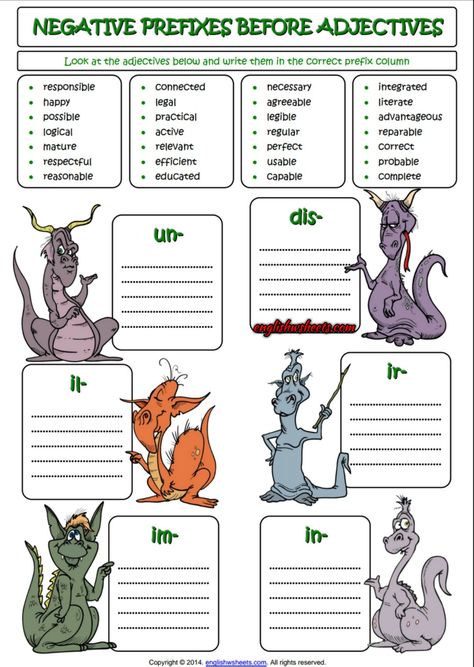 Negative Prefixes Before Adjectives ESL Exercise Worksheet Prefix Suffix Worksheet, Prefixes Worksheet, Adjectives Esl, Prefix Worksheet, Suffixes Worksheets, Adjective Worksheet, Word Formation, Grammar For Kids, Reading Comprehension Lessons