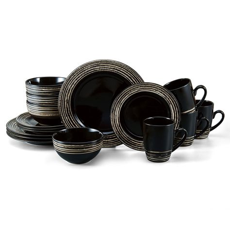 Bring modern intrigue to any dining occasion with this Bryson Black 16-Piece Dinnerware Set by Pfaltzgraff. The deep black bodies are framed by a rustic brushstroke coloring around the rims. Black Dinnerware Set, Nailhead Headboard, Black Dinnerware, Dishware Sets, China Dinnerware Sets, Bone China Dinnerware, Casual Dinnerware, Stoneware Dinnerware Sets, Stoneware Dinnerware